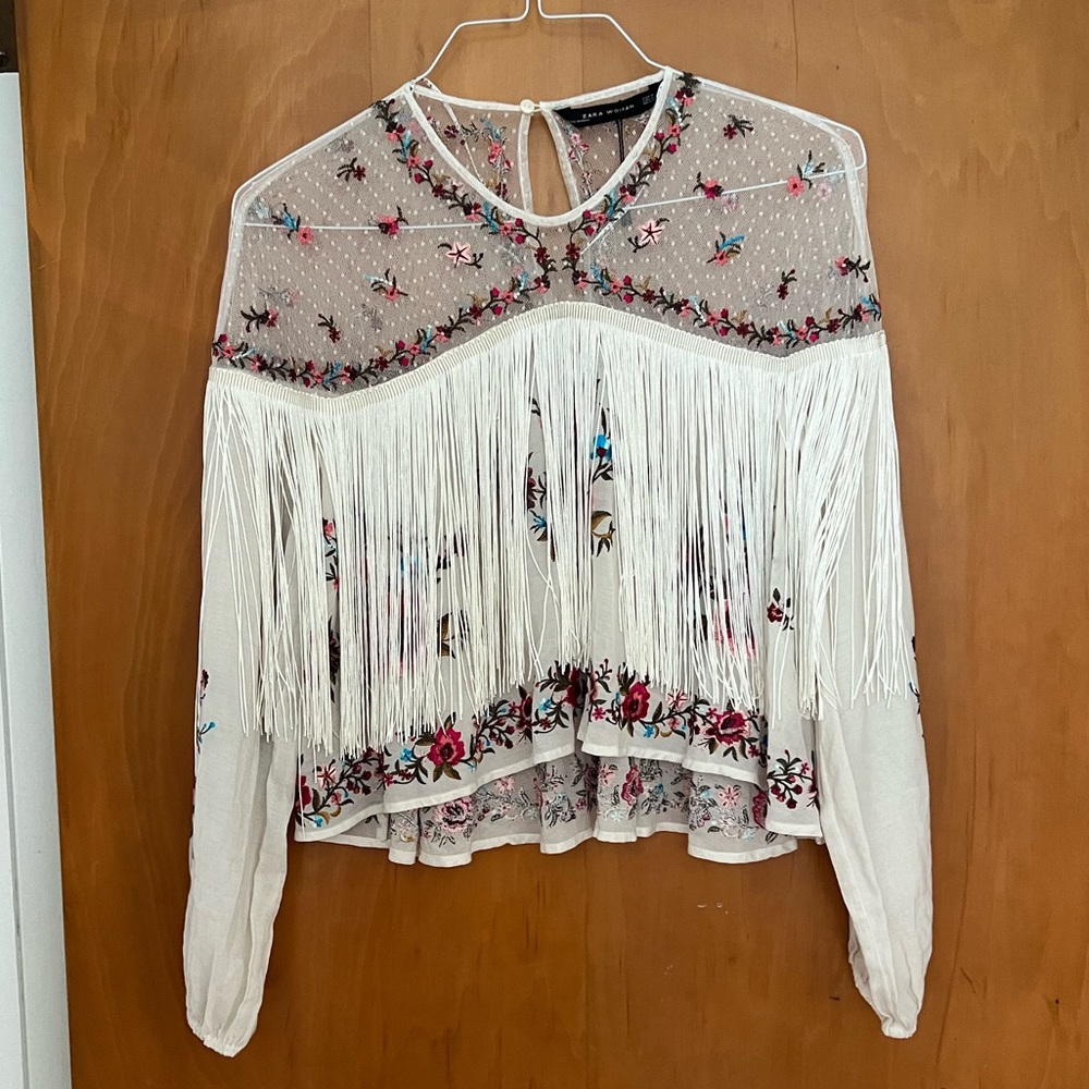 Zara white fringe embroidered blouse